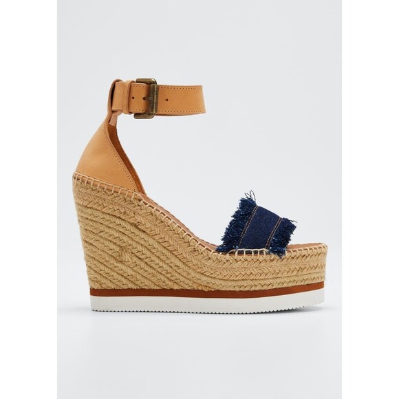 See by Chloe Glyn Denim Espadrille Wedge Sandals Women’s 10 / EU 41 Ankle Strap - Picture 1 of 7